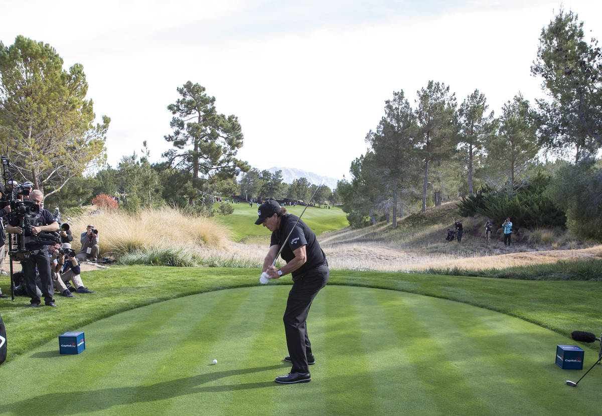 In this Nov. 23, 2018, file photo, Phil Mickelson hits from the second tee box during The Match ...