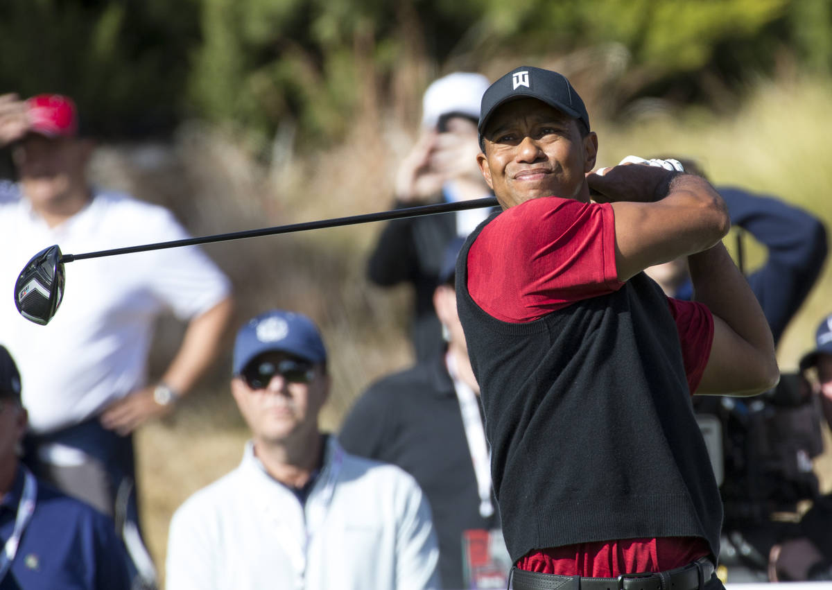 In this Nov. 23, 2018, file photo, Tiger Woods hits from the fourth tee box during The Match at ...