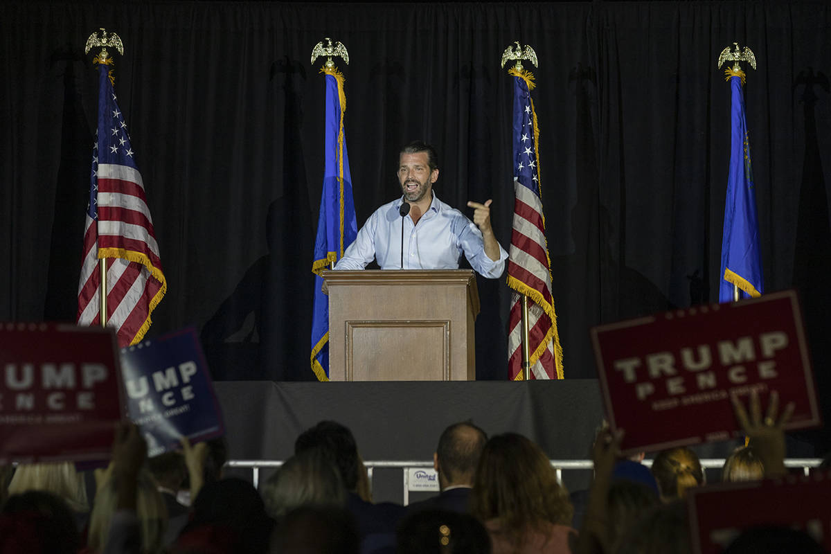 Donald Trump Jr. speaks at a campaign event for President Trump on Wednesday evening, Oct. 14, ...