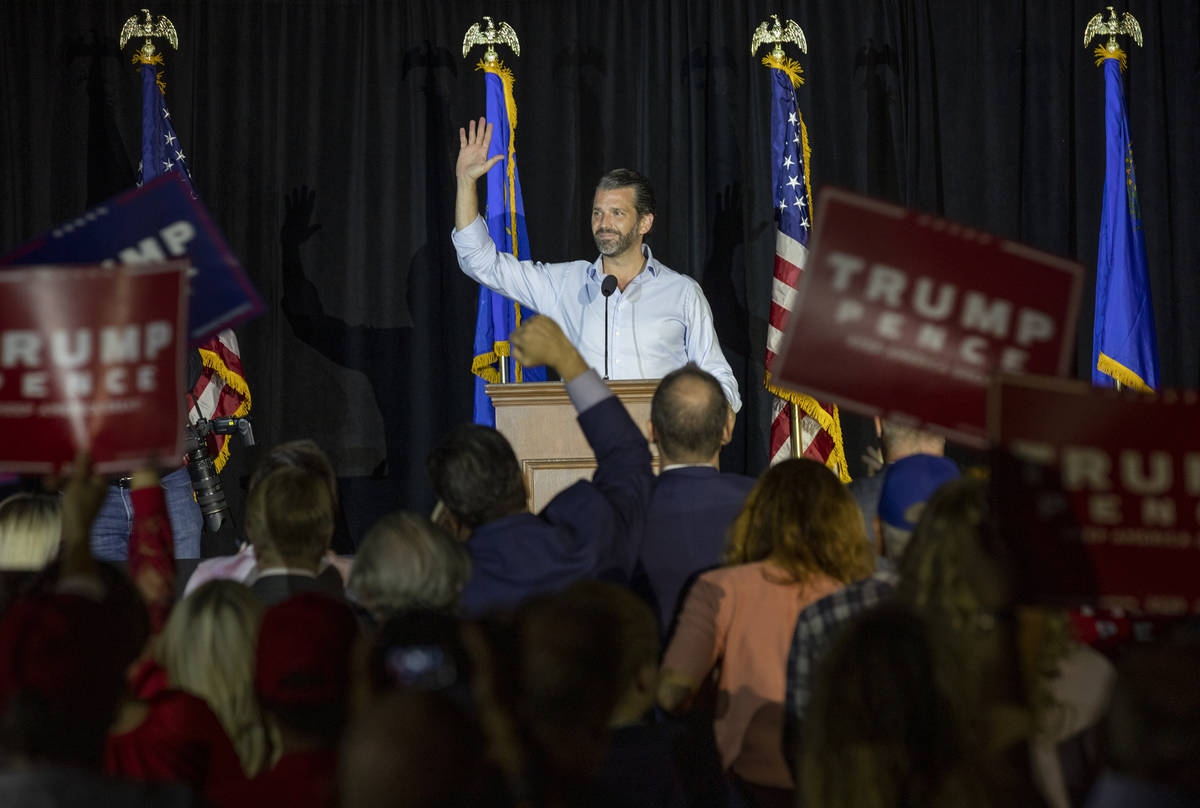 Donald Trump Jr. speaks at a campaign event for President Trump on Wednesday evening, Oct. 14, ...
