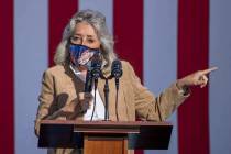 Rep. Dina Titus talks about Democratic vice presidential nominee Kamala Harris during a drive-i ...