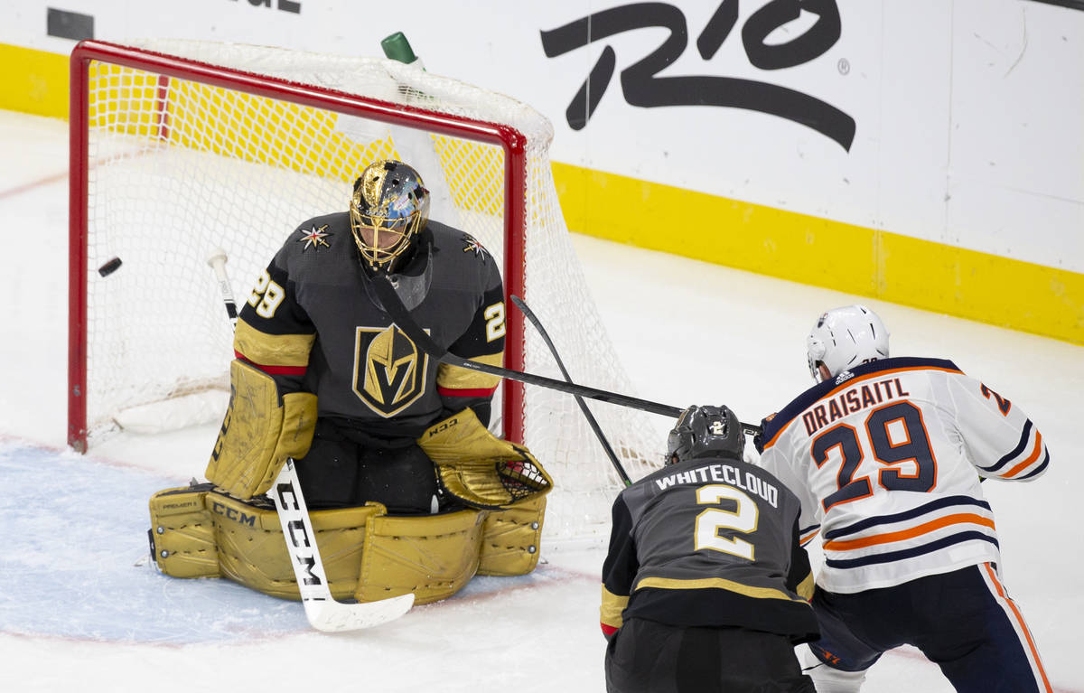 Vegas Golden Knights goaltender Marc-Andre Fleury (29) makes a save against Edmonton Oilers cen ...