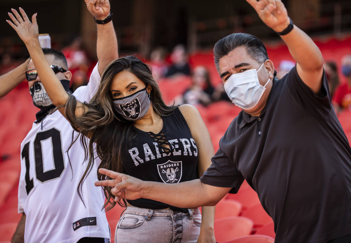 Las Vegas Raiders fans at Arrowhead Stadium before the start of an NFL football game with the K ...