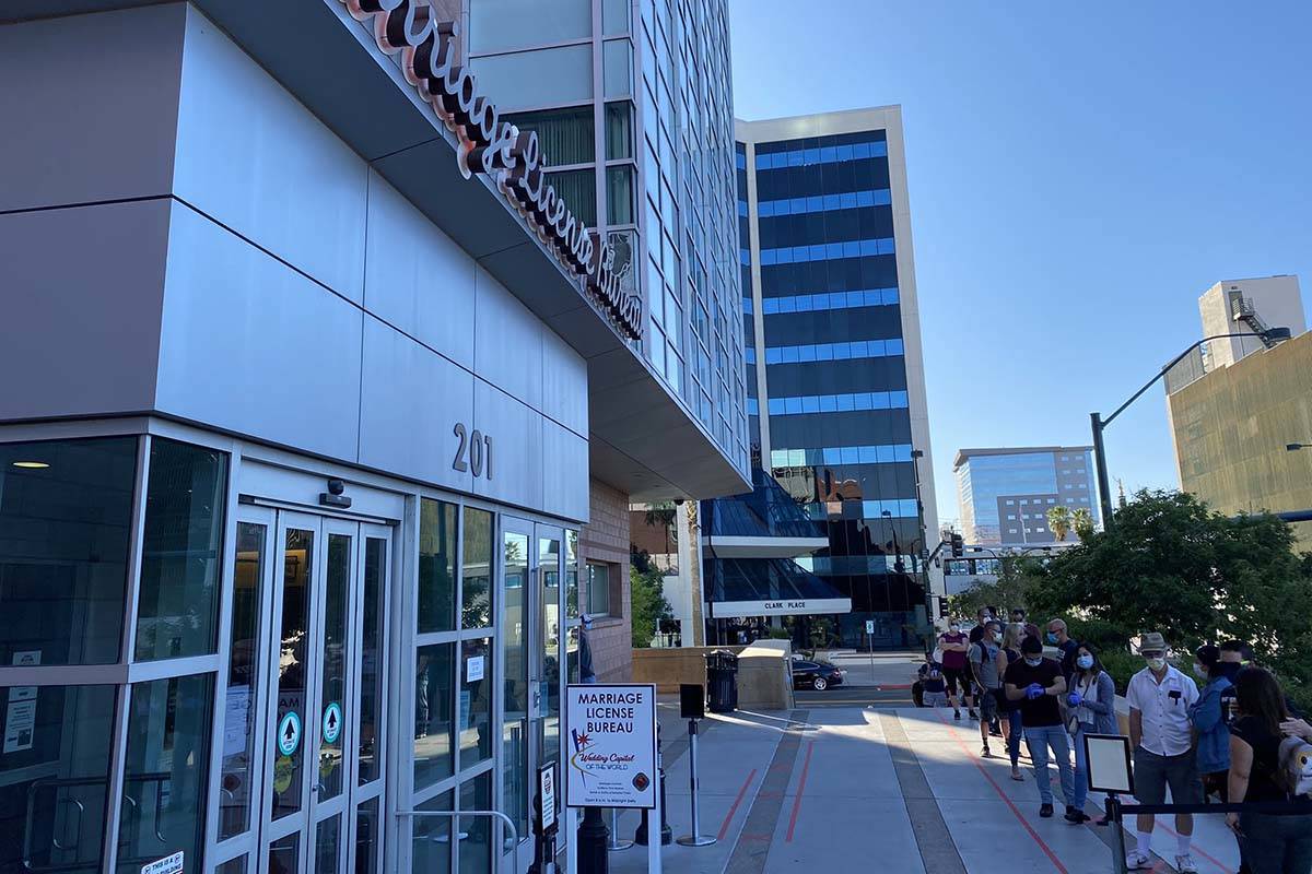 People lined up early at the Clark County Marriage License Bureau at the Regional Justice Cente ...