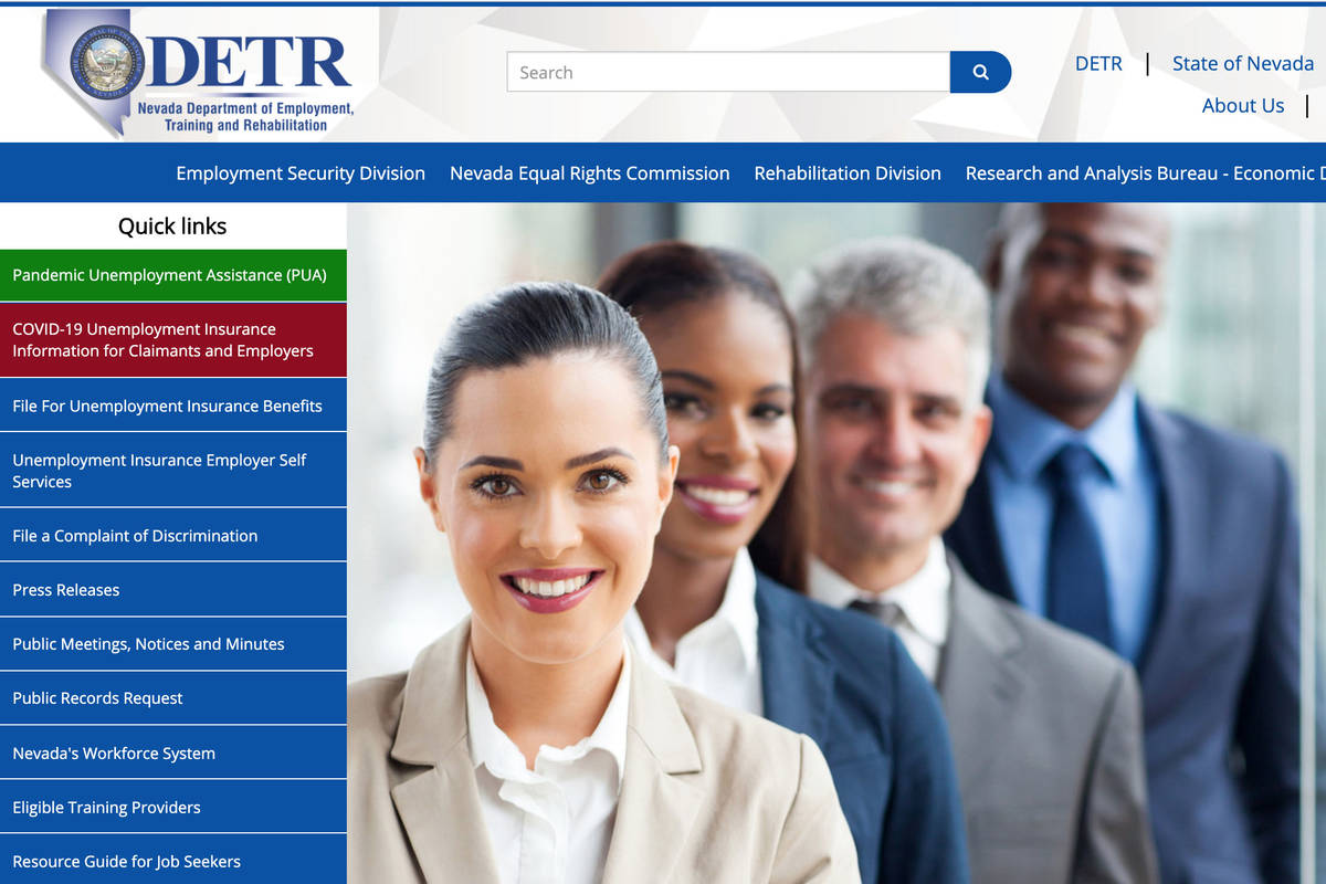 A screenshot of Nevada Department of Employment, Training and Rehabilitation's website. (DETR) .