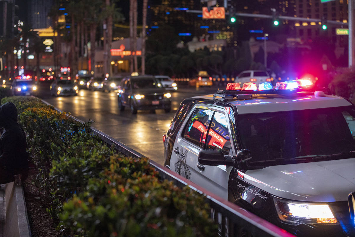 Las Vegas Metro Police are seen patrolling the Las Vegas Strip, on Thursday, Oct. 15, 2020. (El ...