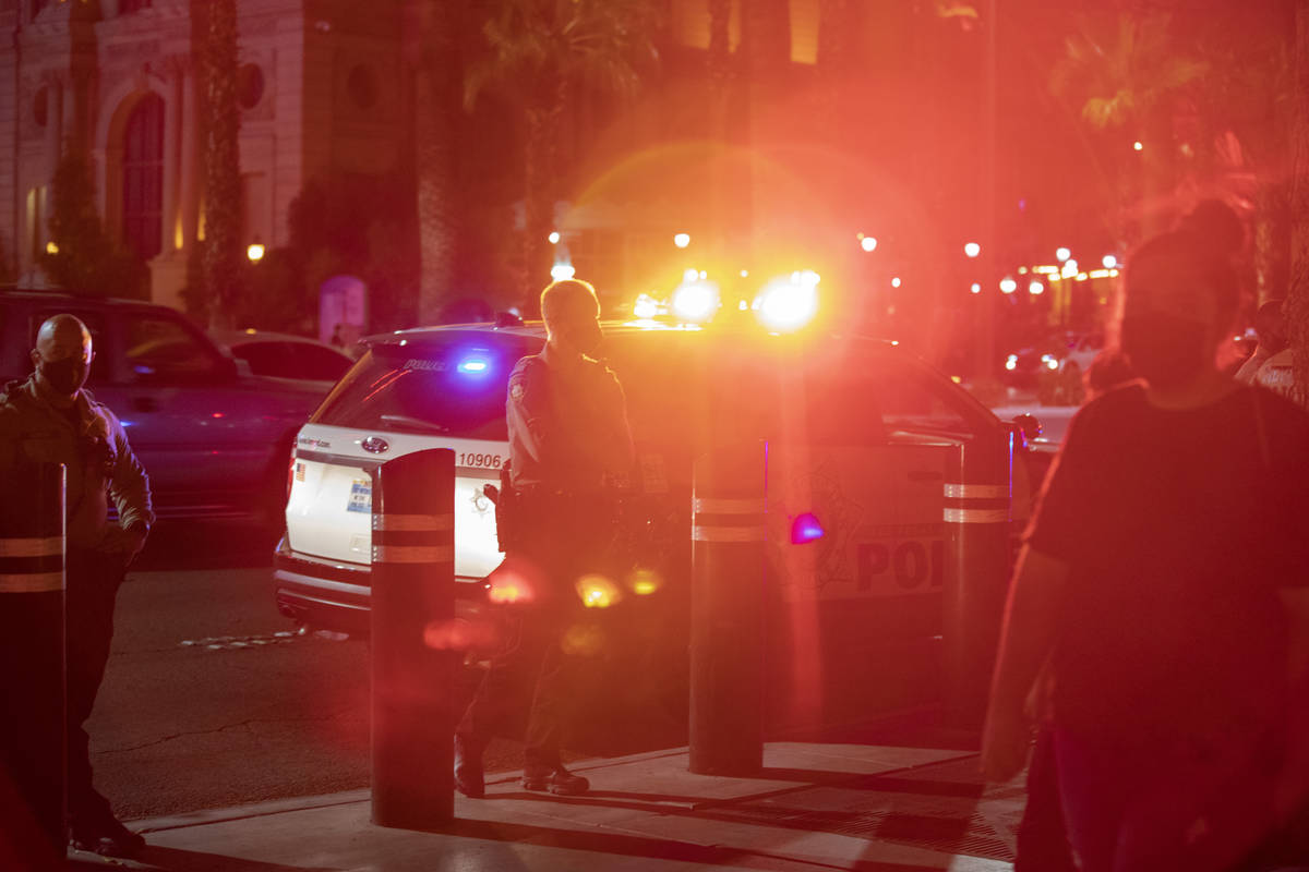 Las Vegas Metro Police are seen patrolling the Las Vegas Strip, on Thursday, Oct. 15, 2020. (El ...