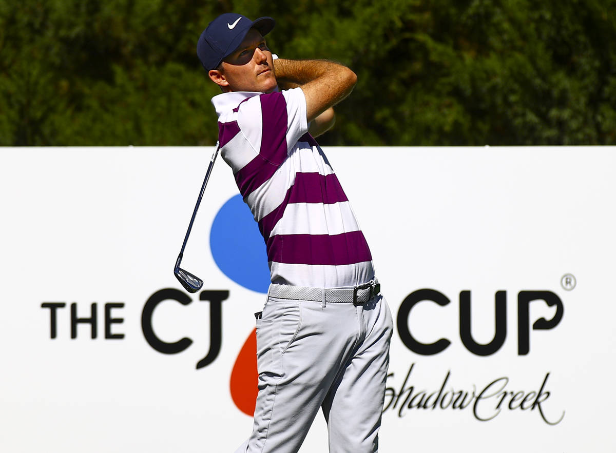 Russell Henley watches his tee shot at the fifth hole during the first round of the CJ Cup at t ...