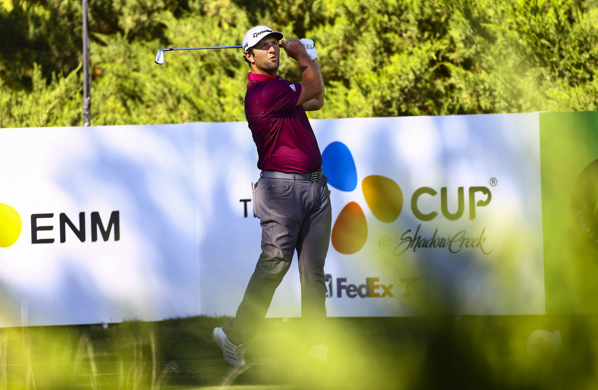 Jon Rahm watches his tee shot at the fifth hole during the first round of the CJ Cup at the Sha ...