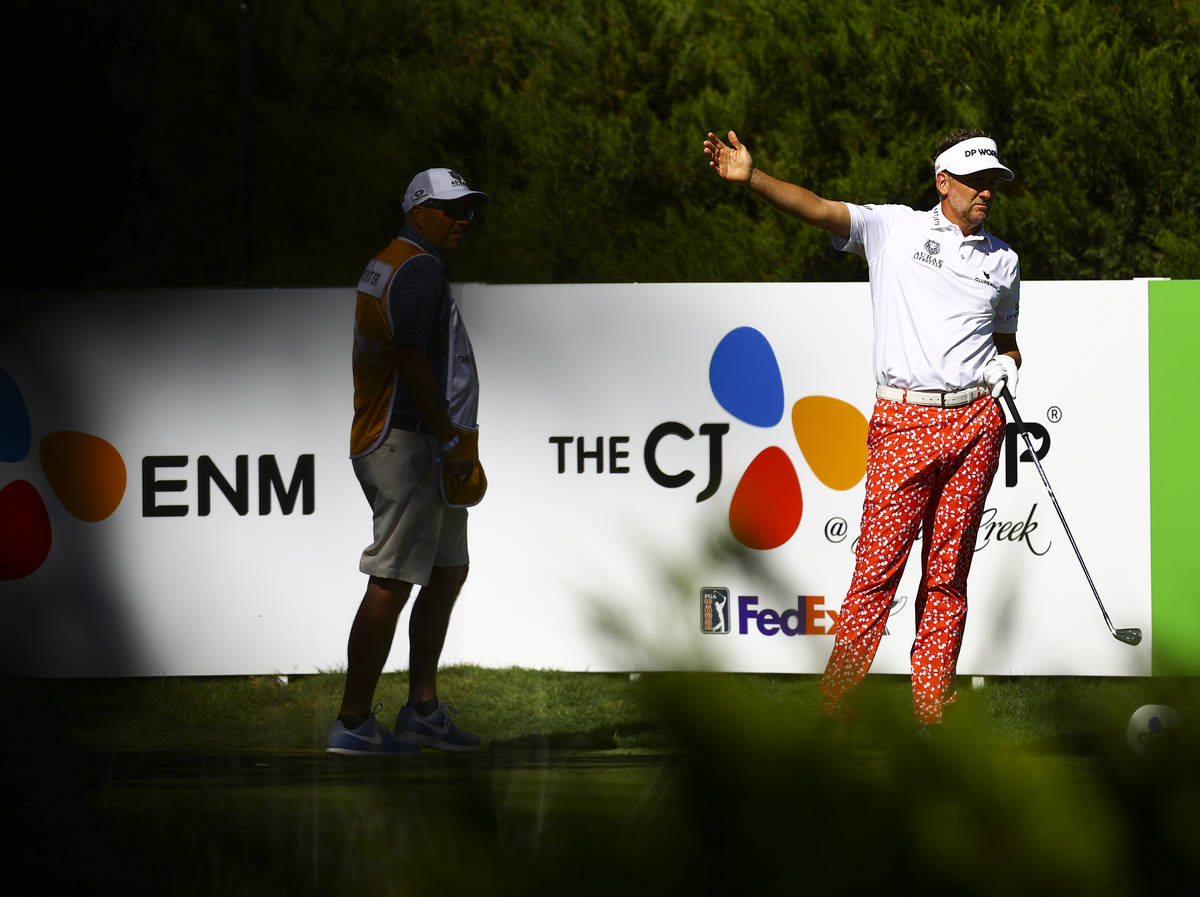 Ian Poulter reacts after his tee shot at the fifth hole during the first round of the CJ Cup at ...