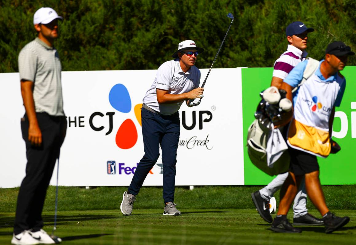Joel Dahmen watches his tee shot at the fifth hole during the first round of the CJ Cup at the ...