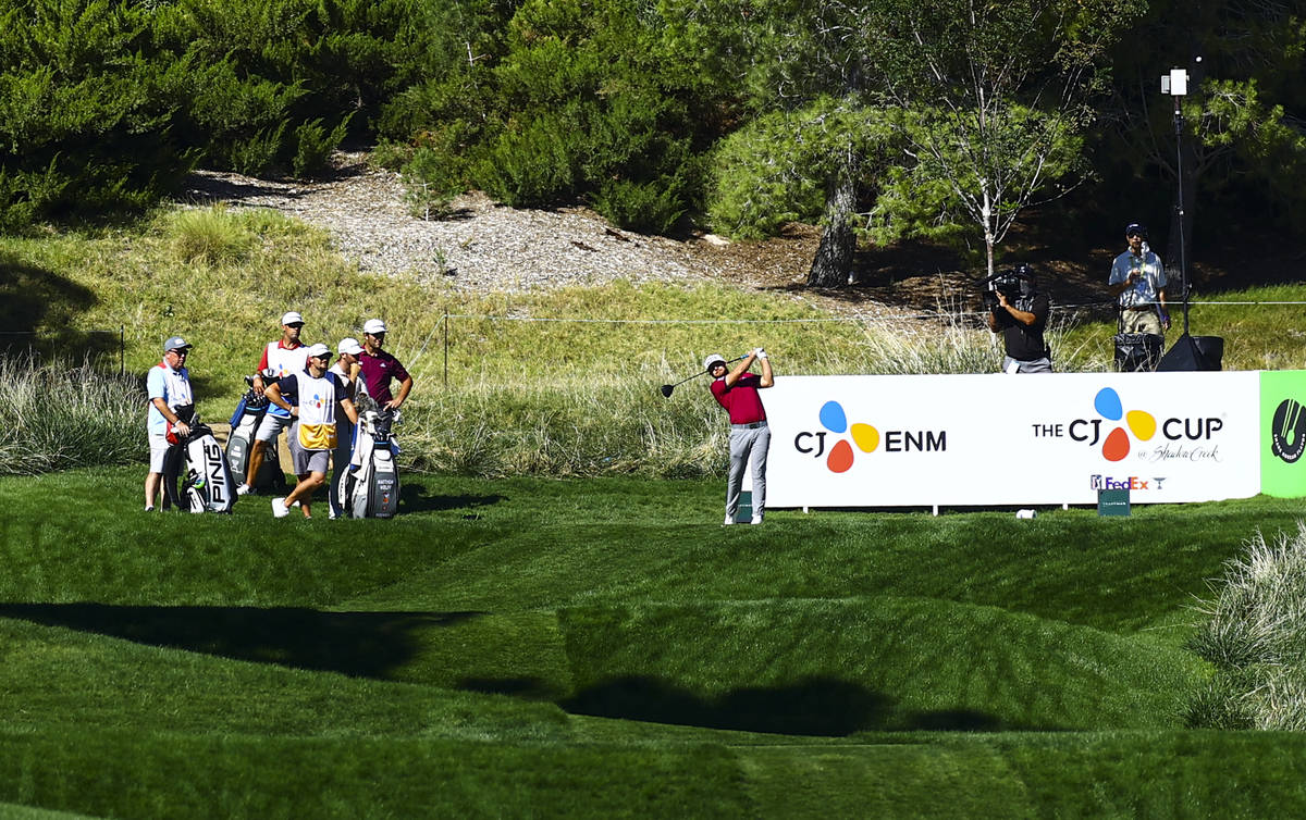 Tyrrell Hatton tees off at the fourth hole during the first round of the CJ Cup at the Shadow C ...