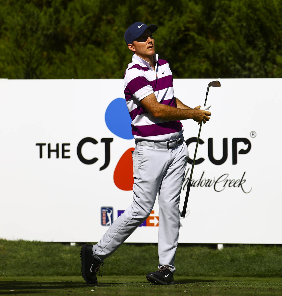 Russell Henley watches his tee shot at the fifth hole during the first round of the CJ Cup at t ...