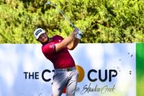 Tyrrell Hatton tees off at the fifth hole during the first round of the CJ Cup golf tournament ...