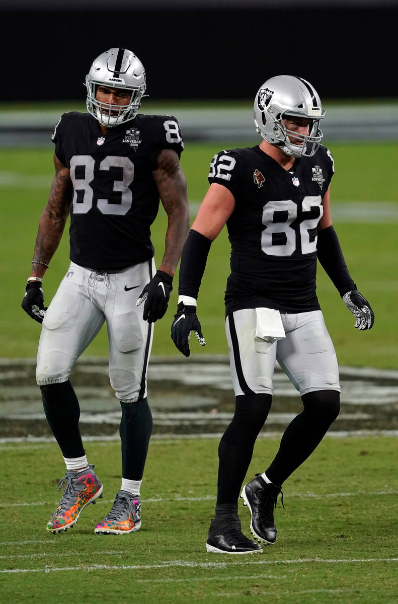 Las Vegas Raiders tight ends Darren Waller #83 and Jason Witten #82 line up against the New Orl ...