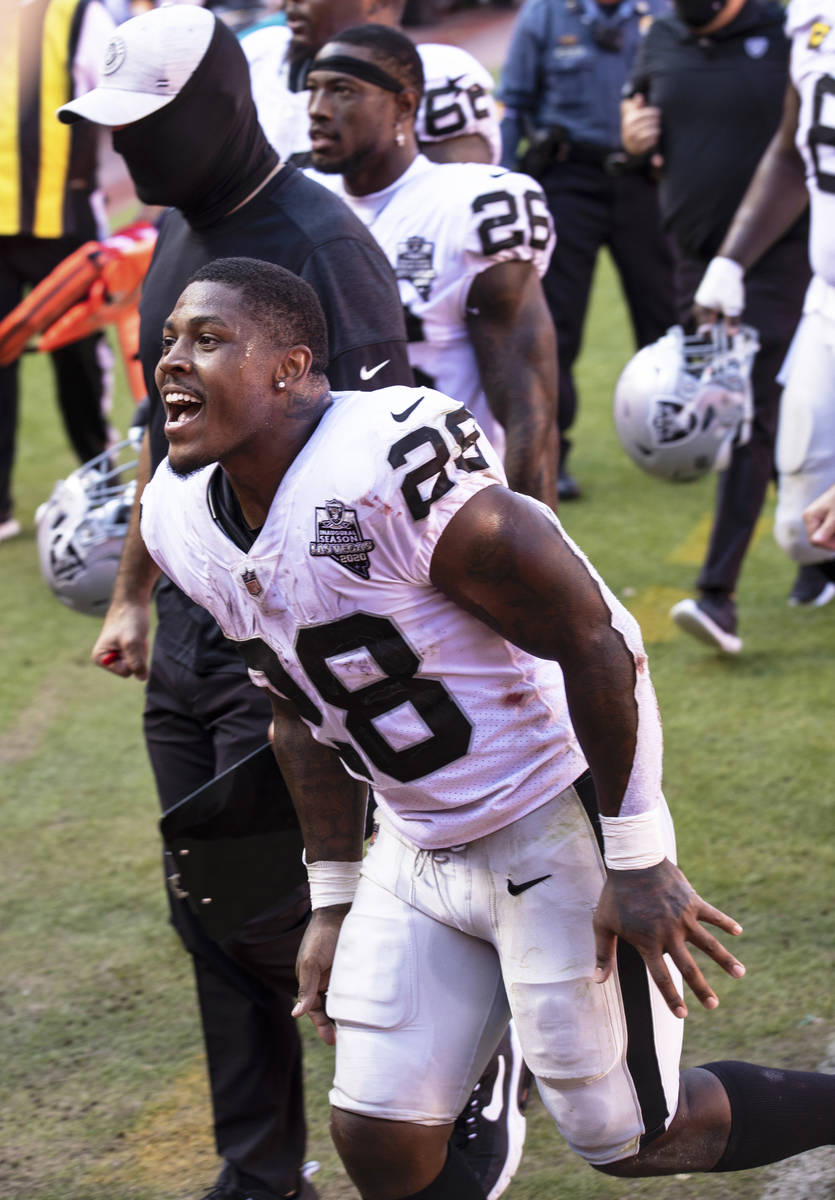 Las Vegas Raiders running back Josh Jacobs (28) celebrates after defeating the Kansas City Chie ...