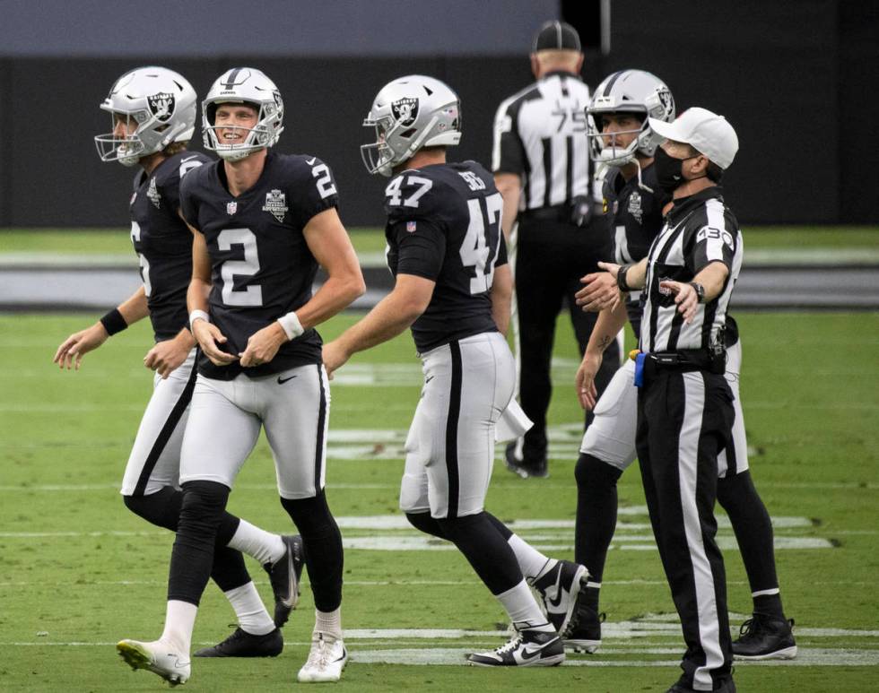 Las Vegas Raiders kicker Daniel Carlson (2) celebrates after making a kick in the first quarter ...