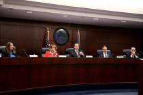 Nevada Gaming Commission members, from left, Rosa Solis-Rainey, Deborah Fuetsch, Chairman Tony ...