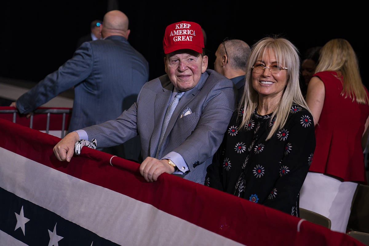 In this Feb. 21, 2020, file photo Sheldon Adelson waits for the arrival of President Donald Tru ...