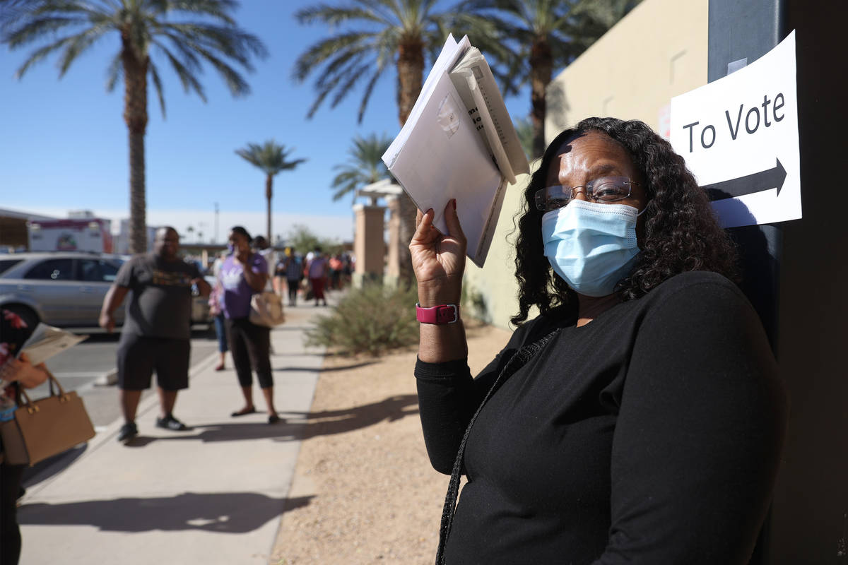 Denise Batts of Las Vegas waits in line to cast her vote at the East Las Vegas Community Center ...