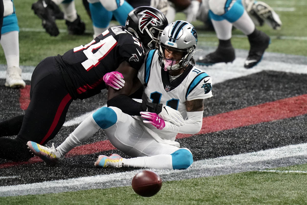 Carolina Panthers wide receiver Robby Anderson (11) misses the catch against Atlanta Falcons li ...