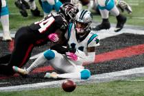 Carolina Panthers wide receiver Robby Anderson (11) misses the catch against Atlanta Falcons li ...