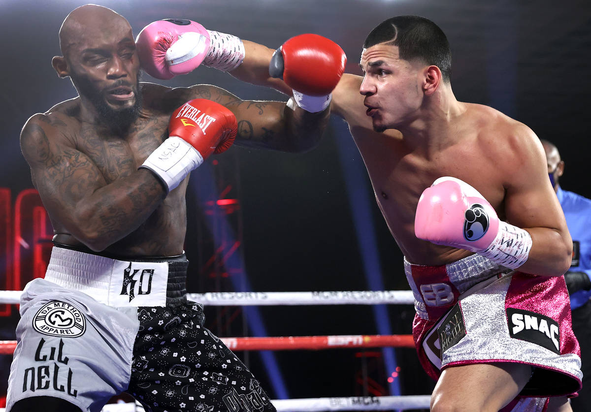 Edgar Berlanga, right, lands a punch against Lanell Bellows on Saturday, Oct. 17, 2020, at the ...