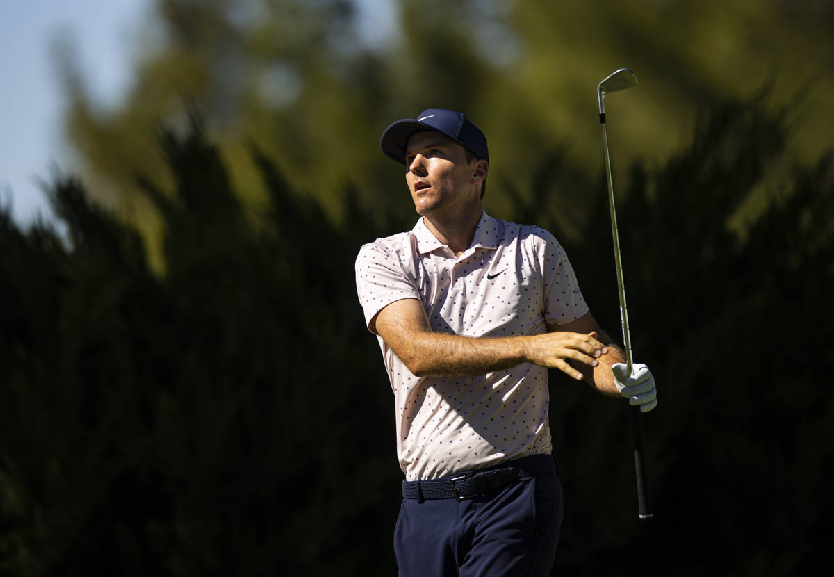 Russell Henley tees off at the fifth hole during the third round of the CJ Cup at the Shadow Cr ...