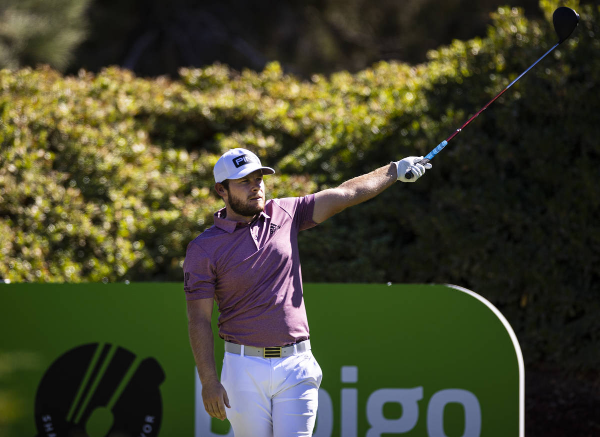 Tyrrell Hatton watches his tee shot at the sixth hole during the third round of the CJ Cup at t ...