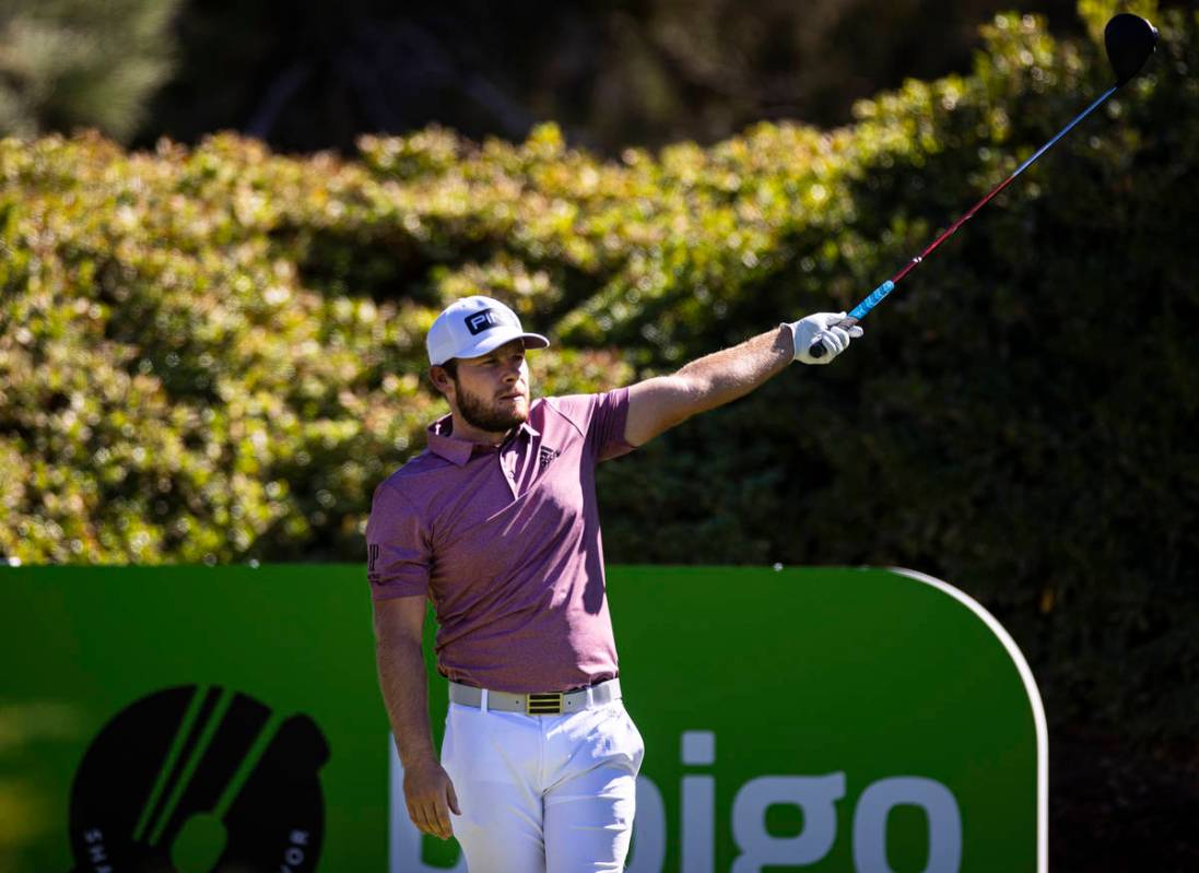 Tyrrell Hatton watches his tee shot at the sixth hole during the third round of the CJ Cup at t ...