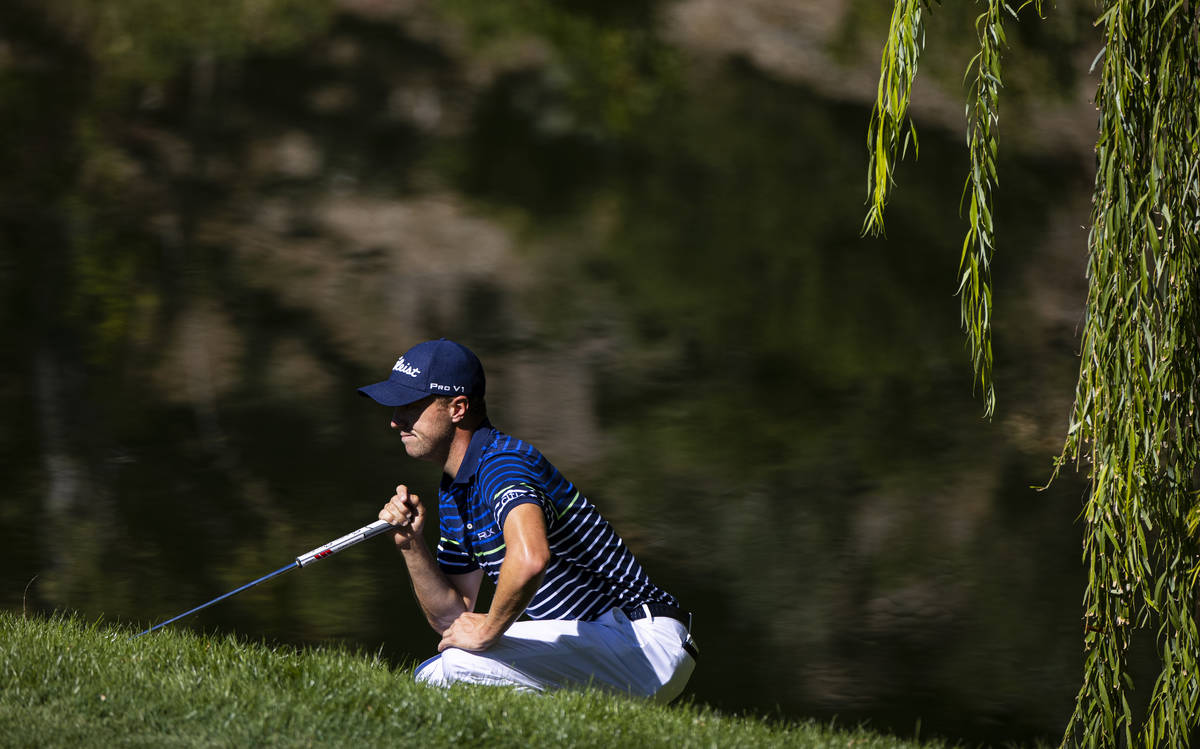 Jason Thomas lines up a putt on the fourth green during the third round of the CJ Cup at the Sh ...