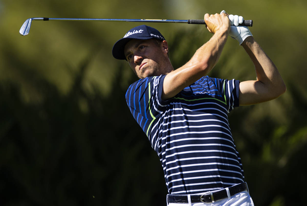 Jason Thomas tees off at the fifth hole during the third round of the CJ Cup at the Shadow Cree ...