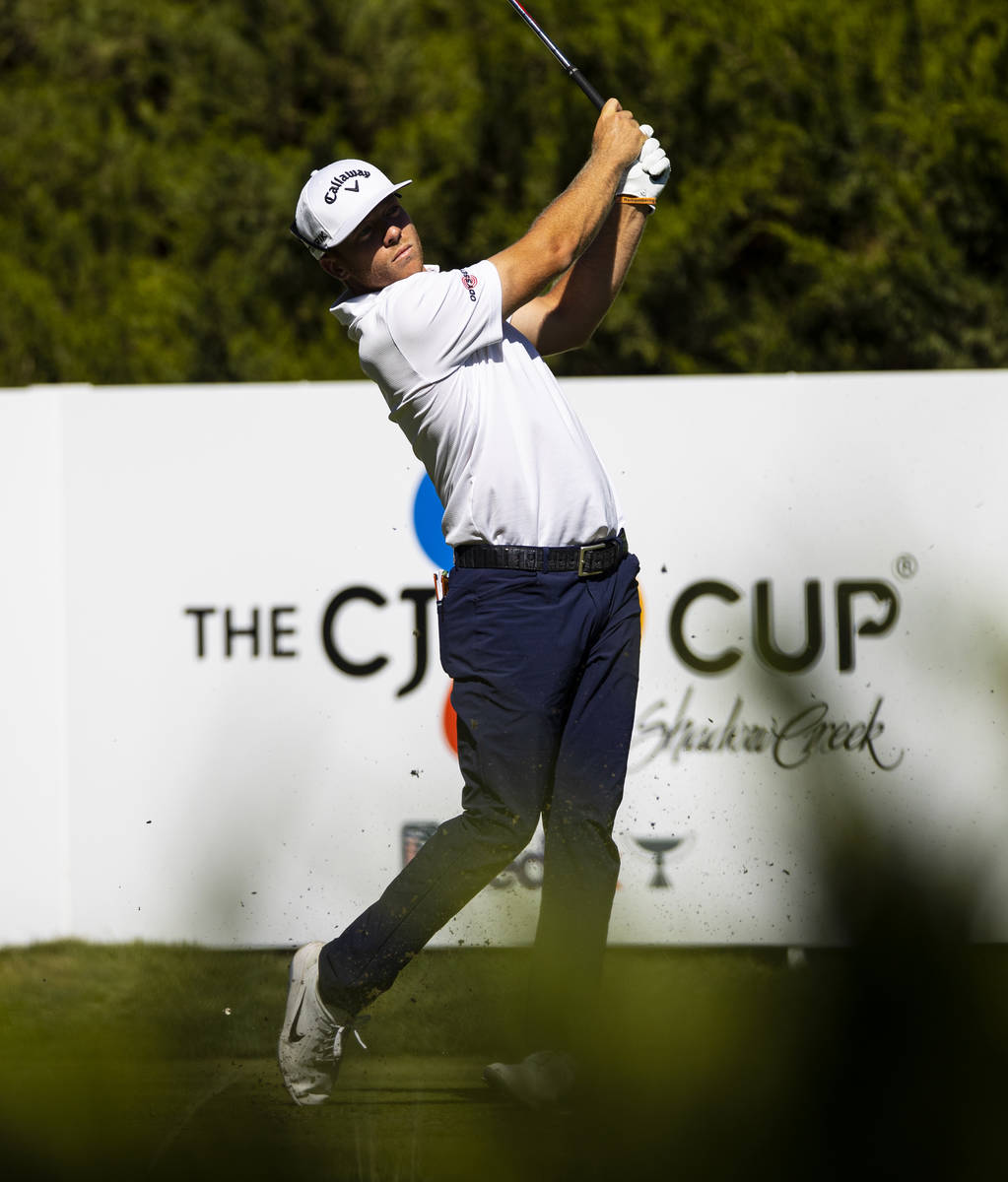 Talor Gooch tees off at the fifth hole during the third round of the CJ Cup at the Shadow Creek ...