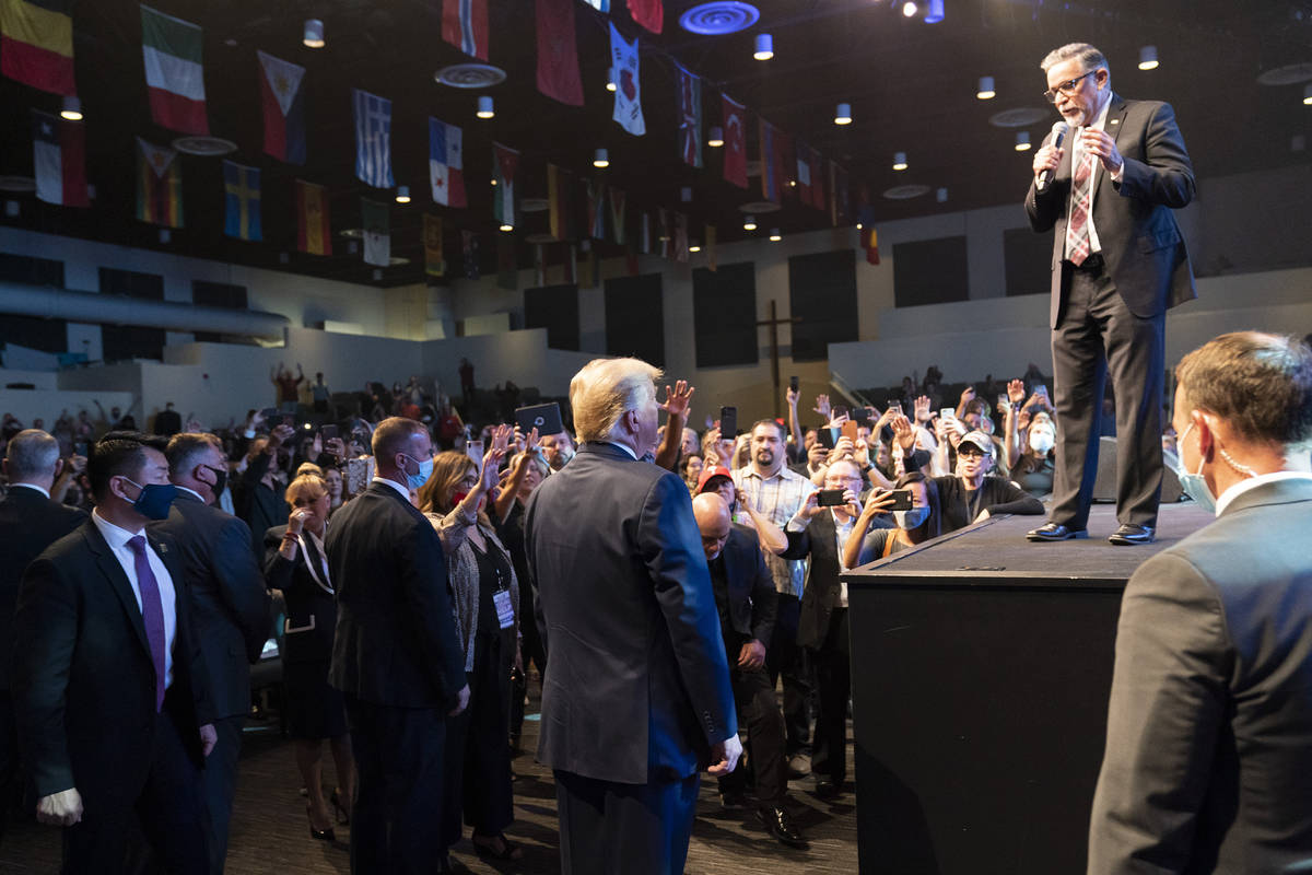 President Donald Trump attends church at International Church of Las Vegas, Sunday, Oct. 18, 20 ...
