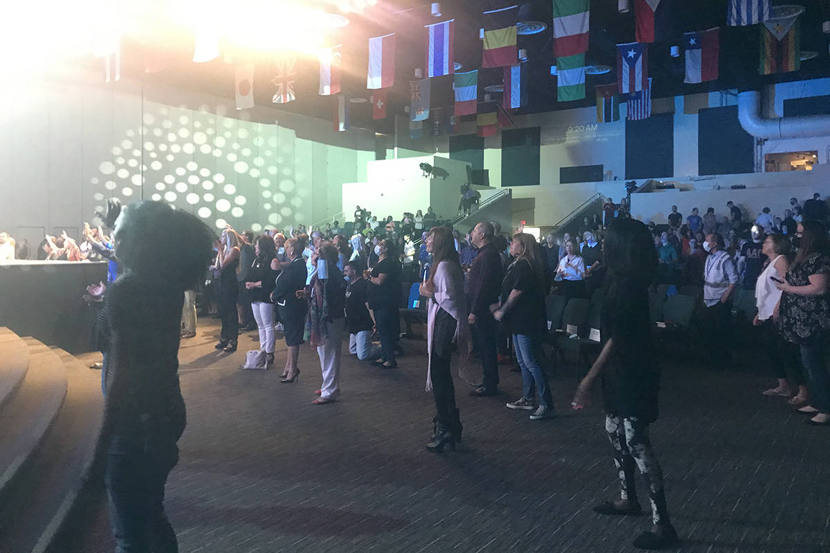 People attend service Sunday, Oct. 18, 2020, at the International Church of Las Vegas. (Alex Ch ...