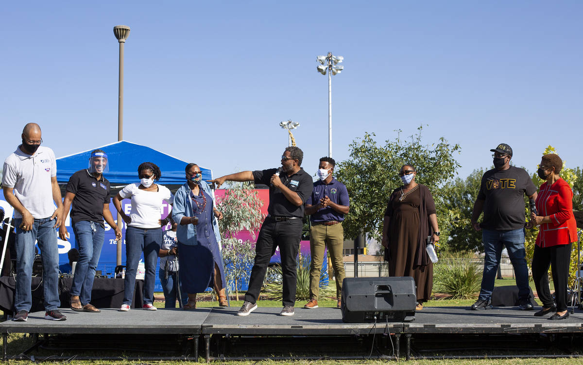 A group of Black elected leaders are introduced by Rep. Steven Horsford, D-Nev., at the Souls f ...