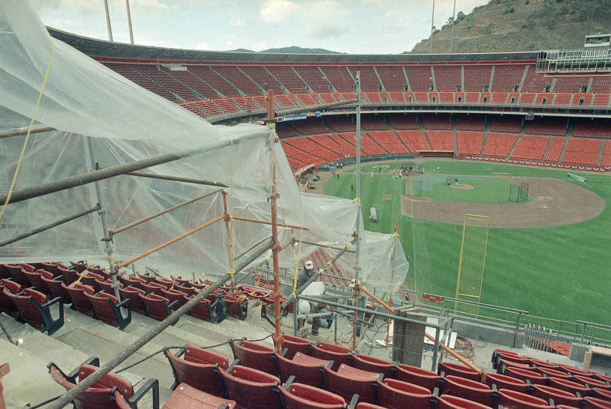 Repairs continue at Candlestick Park in San Francisco, October 22, 1989 as workmen patch the co ...