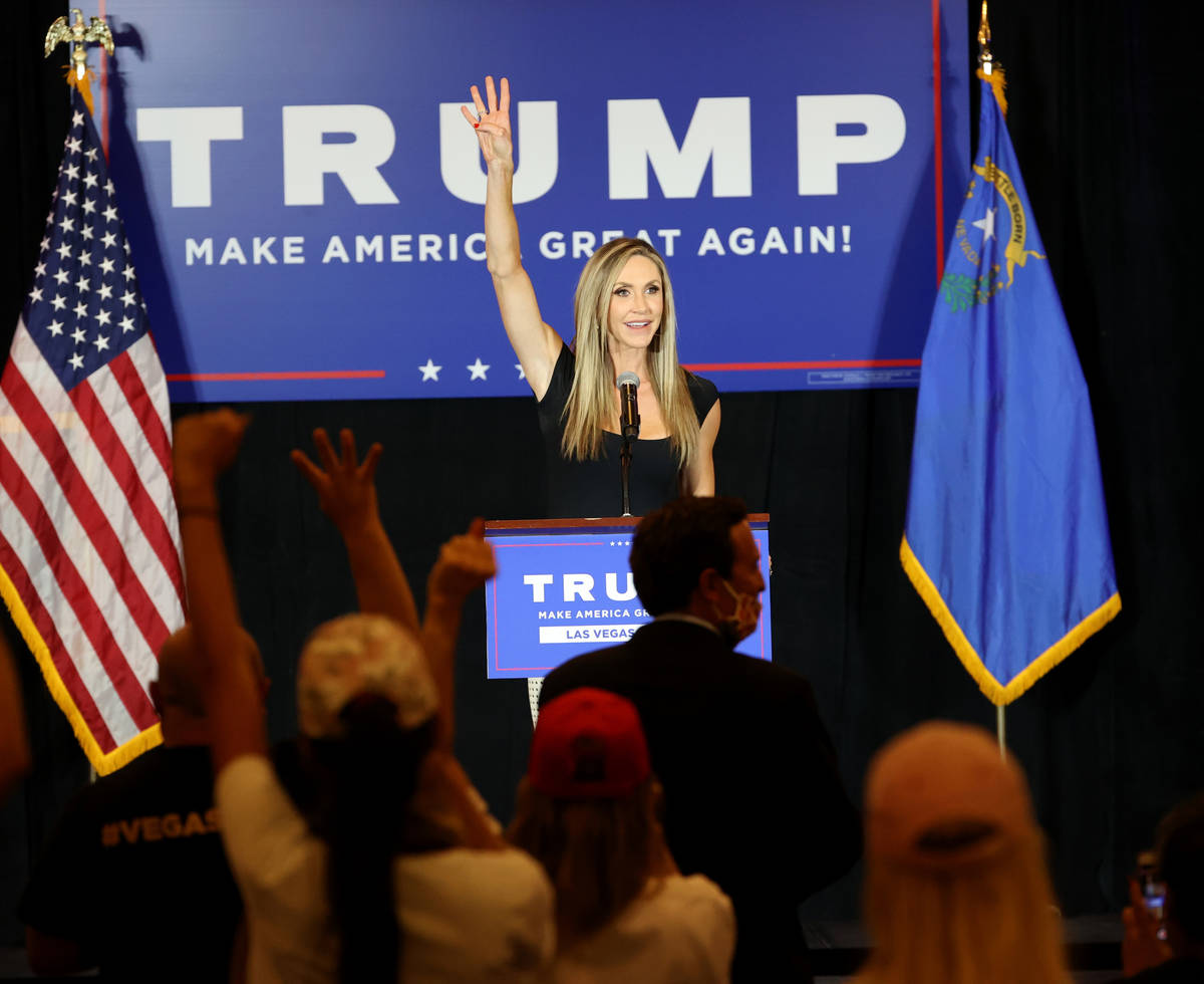 Lara Trump, daughter-in-law of President Donald Trump and wife of Eric Trump, leads a chant of ...