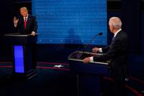 President Donald Trump answers a question as Democratic presidential candidate former Vice Pres ...