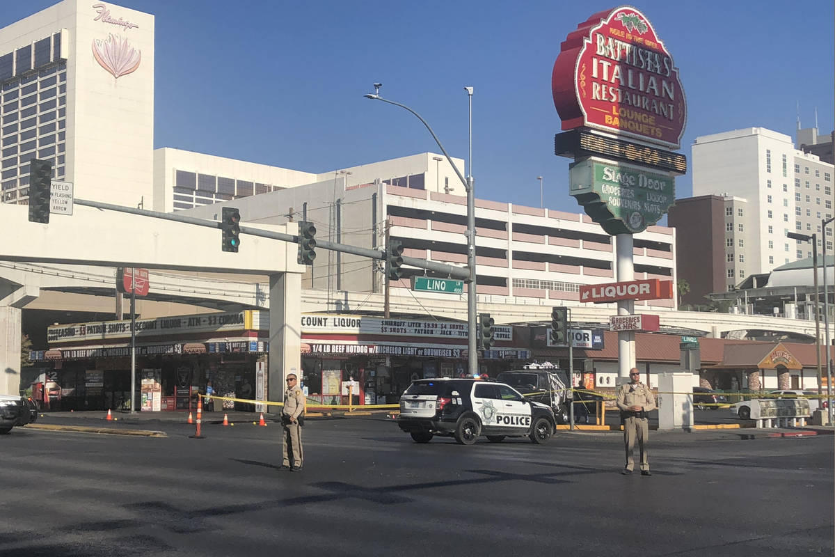 Police investigate a shooting Saturday, Sept. 26, 2020, outside Stage Door Casino, 4000 Linq La ...