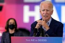 Democratic presidential candidate former Vice President Joe Biden speaks as Democratic vice pre ...