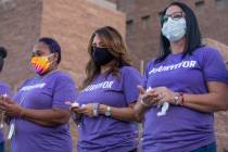 A case manager for The Shade Tree, Pamela Kneal, left, Chief Executive Officer Linda Perez, and ...