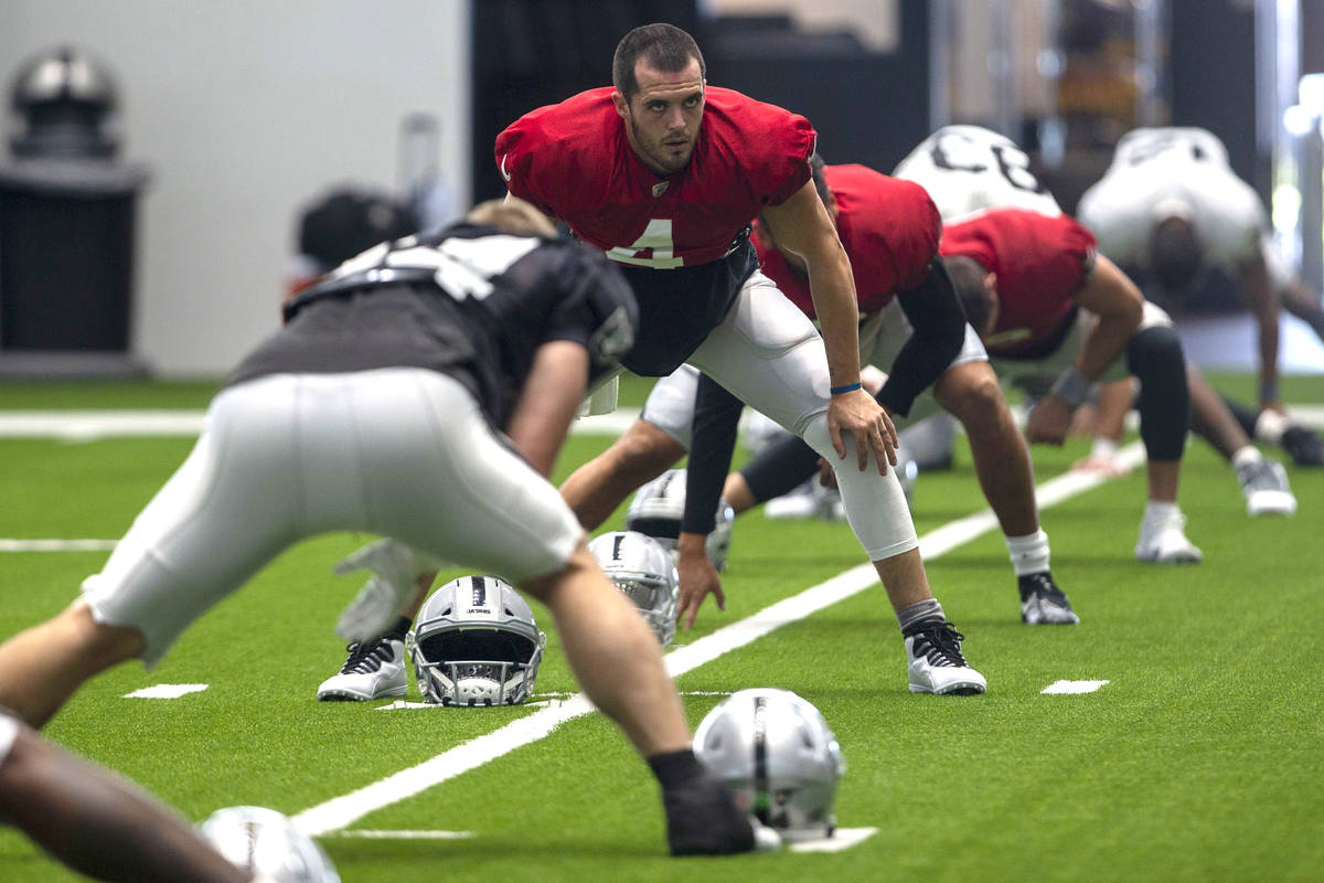 Las Vegas Raiders quarterback Derek Carr (4) stretches during a practice session at the team's ...
