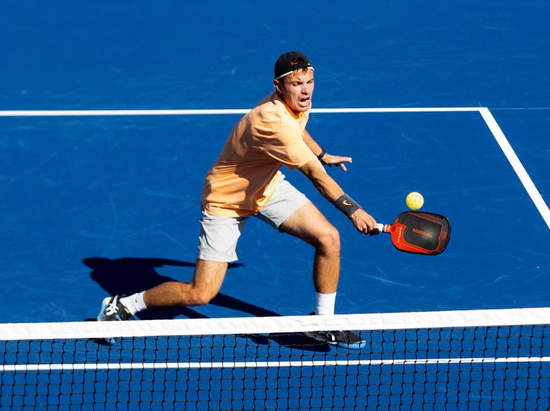 Colin Jones returns the ball to Zane Navratil, of Racine, Wis., during the 2020 Pro Pickleball ...
