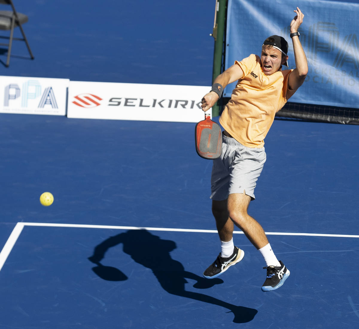 Colin Jones returns the ball to Zane Navratil, of Racine, Wis., during the 2020 Pro Pickleball ...