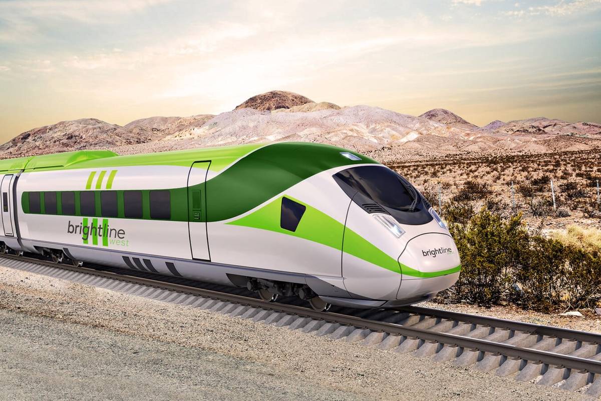 A rendering of a Brightline West train on Interstate 15 between Las Vegas and Los Angeles. (Cou ...