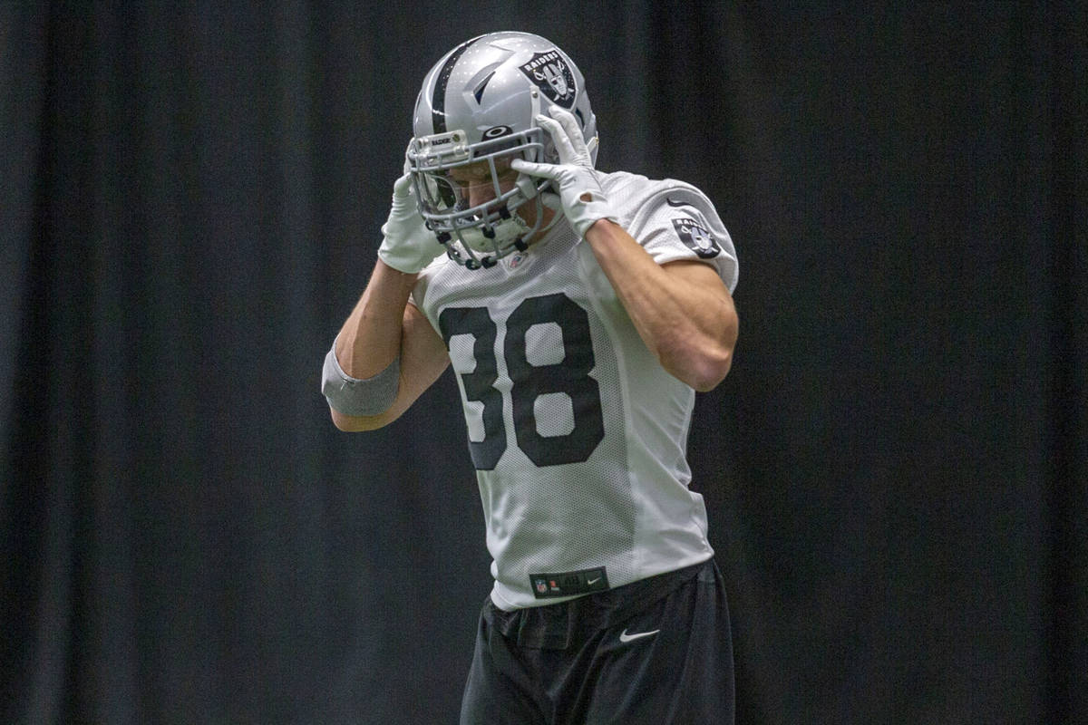 Las Vegas Raiders strong safety Jeff Heath (38) removes his helmet during a practice session at ...