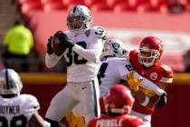 Las Vegas Raiders strong safety Jeff Heath (38) intercepts a Kansas City Chiefs quarterback Pat ...