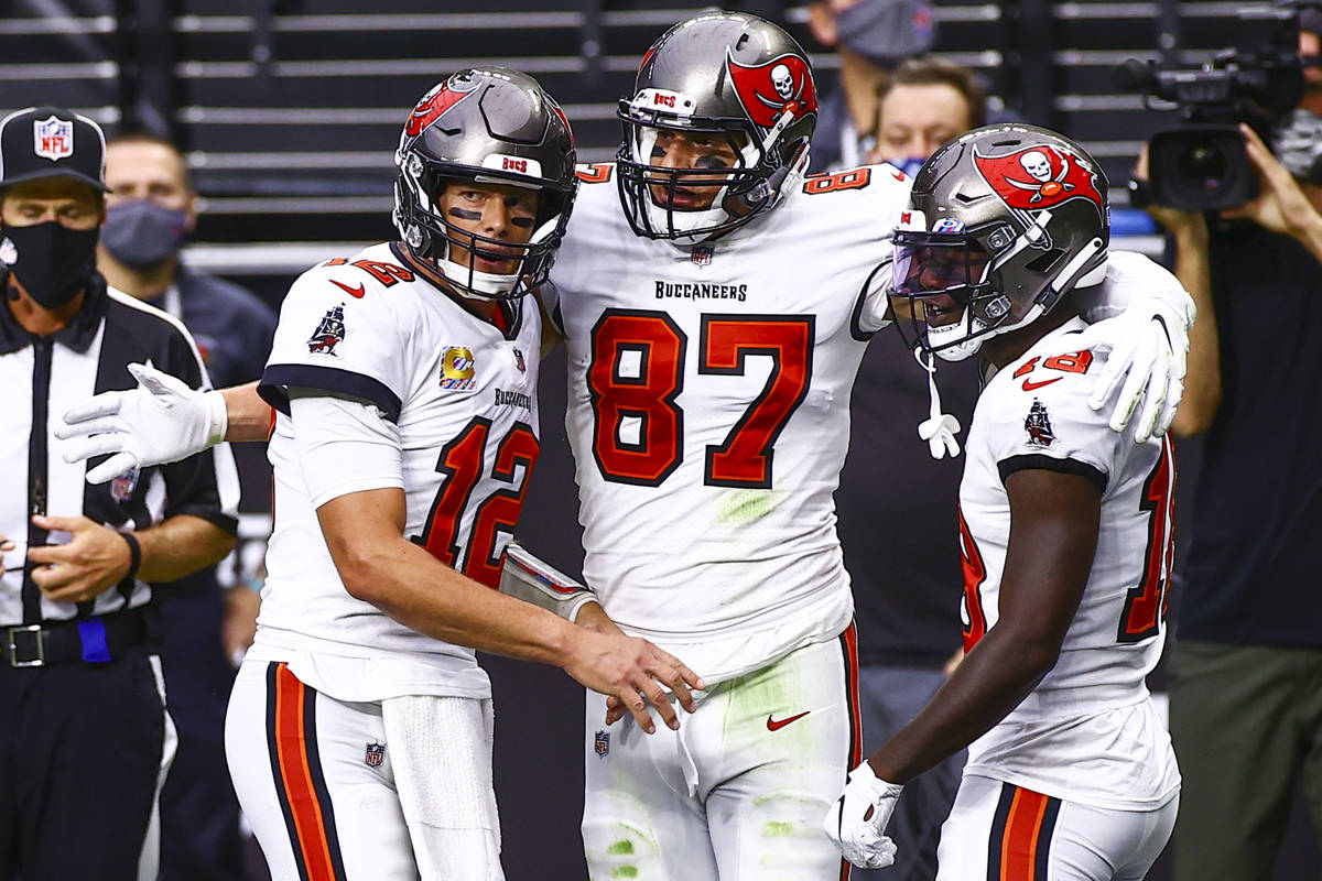 Tampa Bay Buccaneers tight end Rob Gronkowski (87) celebrates his touchdown against the Las Veg ...