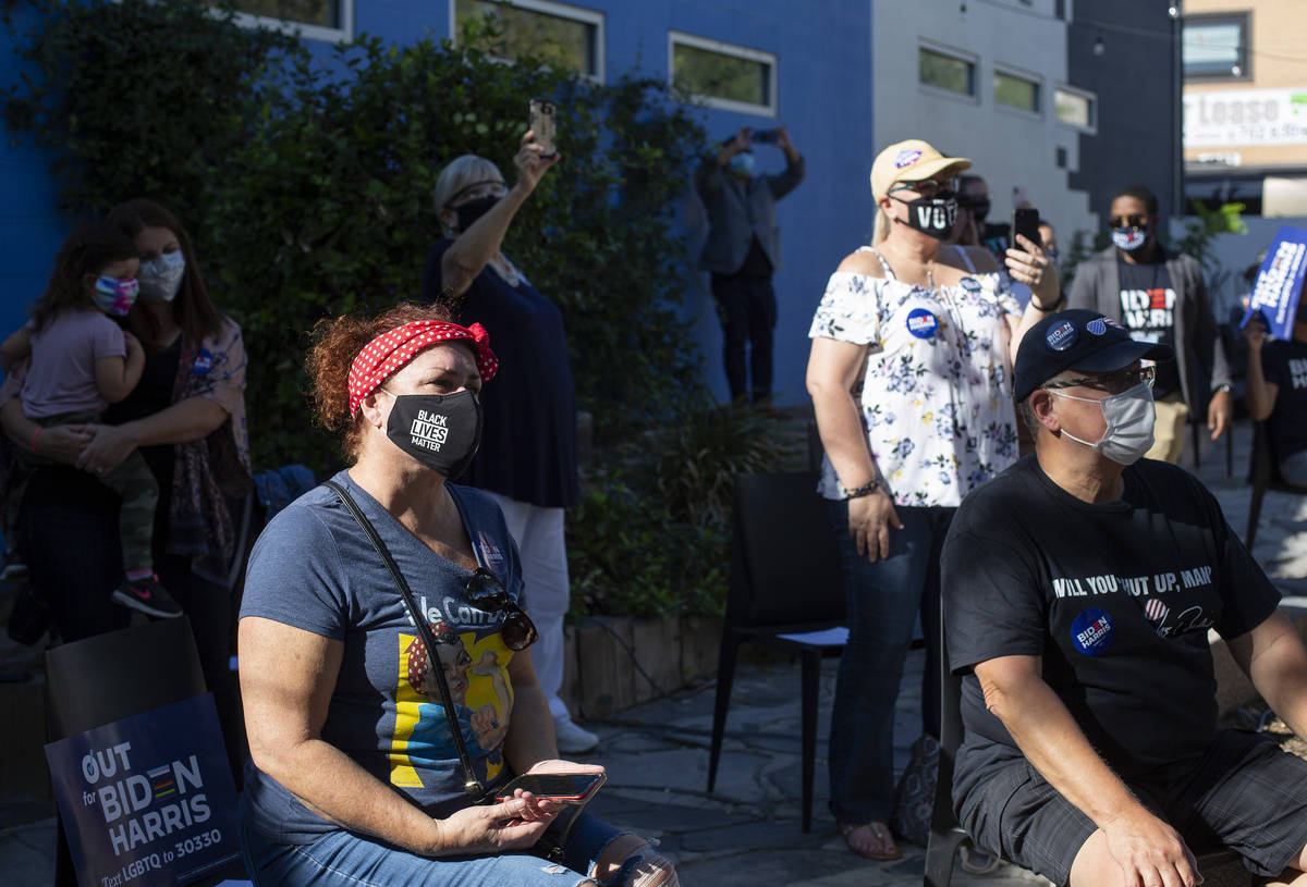 The audience listens to Cher campaign for Joe Biden and Kamala Harris at an LGBTQ-focused event ...